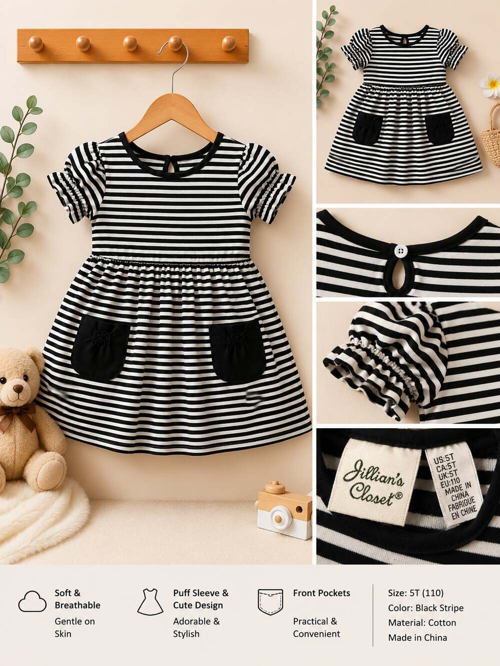 Jillian's Closet Toddler Girl Black and White Striped Puff Sleeve Dress with Poc